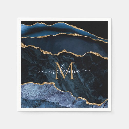 モノグラムネームアガテネイビーブルー金ゴールドマーブルナプキンズ スタンダードカクテルナプキン (正面)