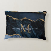 モノグラムネームアガテネイビーブルー金ゴールド宝石マーブル アクセントクッション (裏面)
