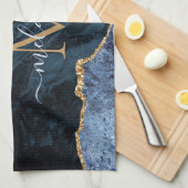 モノグラムネームアガテネイビーブルー金ゴールド宝石マーブル キッチンタオル (四つ折り)