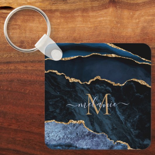 モノグラムネームアガテネイビーブルー金ゴールド宝石マーブル キーホルダー (正面)