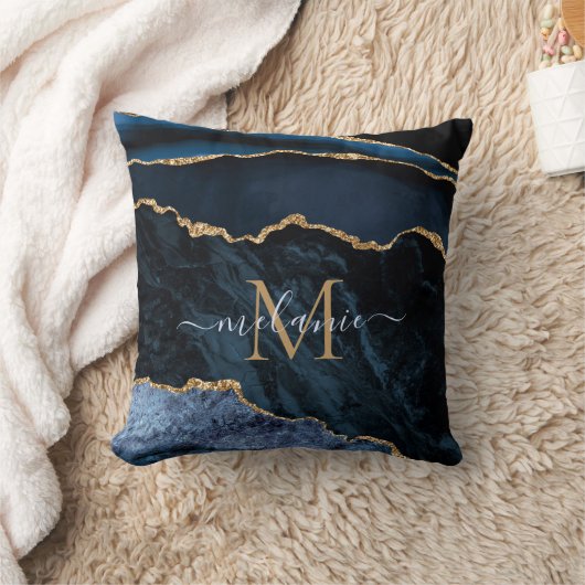 モノグラムネームアガテネイビーブルー金ゴールド宝石マーブル クッション (ブランケット)