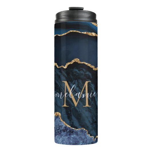モノグラムネームアガテネイビーブルー金ゴールド宝石マーブル タンブラー (正面)