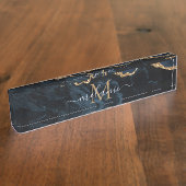 モノグラムネームアガテネイビーブルー金ゴールド宝石マーブル デスクネームプレート (側面)