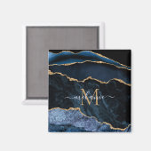 モノグラムネームアガテネイビーブルー金ゴールド宝石マーブル マグネット (正面/裏面)