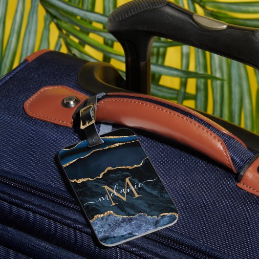 モノグラムネームアガテネイビーブルー金ゴールド宝石マーブル ラゲッジタグ (正面インサイチュ1)