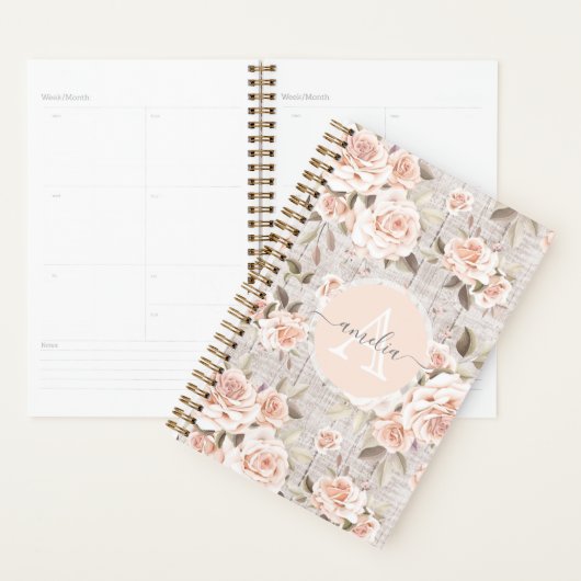 モノグラムネームウ素朴ッド&ヴィンテージバラロマンチック プランナー手帳 (ディスプレー)