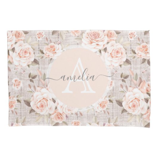 モノグラムネームウ素朴ッド&ヴィンテージバラロマンチック 枕カバー (正面)