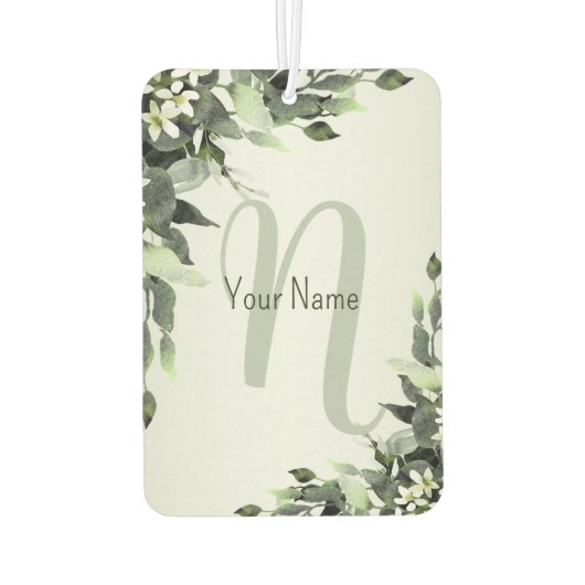 モノグラムネームグリーンリーフローラユーカリ葉 カーエアーフレッシュナー (裏面)