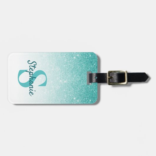 モノグラムネームティール(緑がかった色)グリッタースパークルシック ラゲッジタグ (正面横)