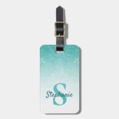 モノグラムネームティール(緑がかった色)グリッタースパークルシック ラゲッジタグ (正面縦)