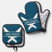 モノグラムネームナイブシェフ調理師グリル 鍋つかみ&鍋敷きセット (正面/裏面)