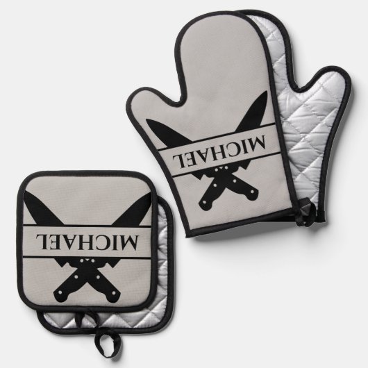 モノグラムネームナイブシェフ調理師グリル 鍋つかみ&鍋敷きセット (正面/裏面)