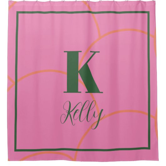 モノグラムネームハンターグリーンピンクオレンジレトロかわいい シャワーカーテン (正面)