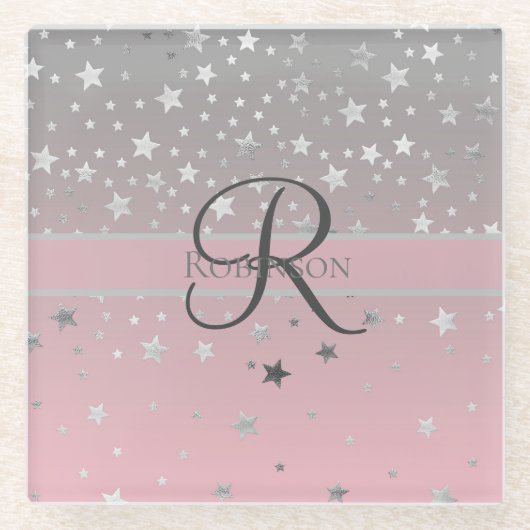 モノグラムネームピンクグレーシルバースターズトレンディー ガラスコースター (正面)