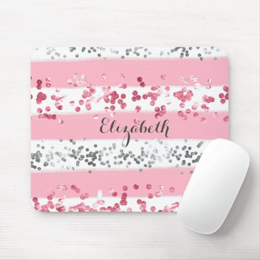 モノグラムネームピンクホワイトグレーグリッターガーリートレンディー マウスパッド (マウス)
