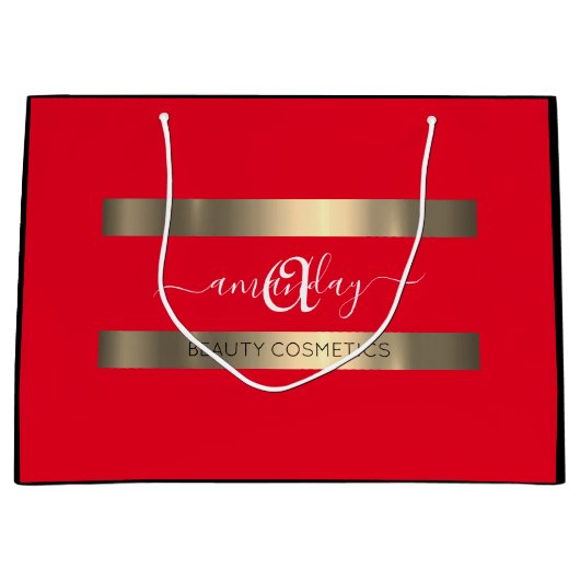 モノグラムネームブラックレッドショップエレガント金ゴールド ラージペーパーバッグ (正面)