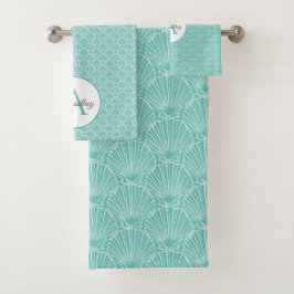 モノグラムネームホワイトシーシェルパターンビーチハウス バスタオルセット