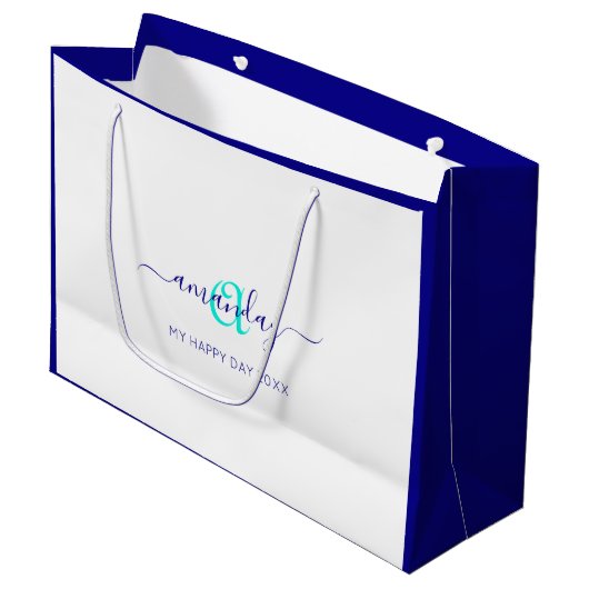 モノグラムネームホワイトブルーブライダルスウィート16結婚th ラージペーパーバッグ (正面アングル)