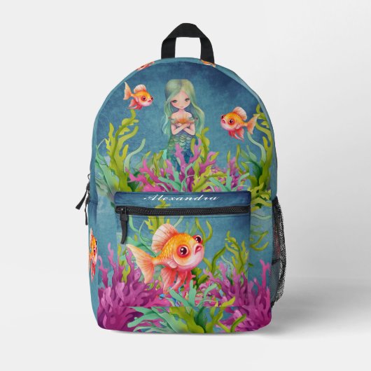 モノグラムネームマーメイドビーチティール（緑がかった色）ブルー プリントバックパック (正面)