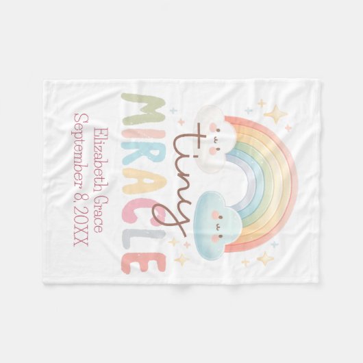 モノグラムネームレインボー誕生統計ガールベビー フリースブランケット (正面(横))