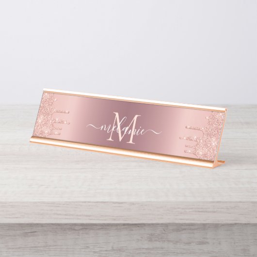 モノグラムネーム文字バラ金ゴールド赤面グリッタースパークル デスクネームプレート (正面)