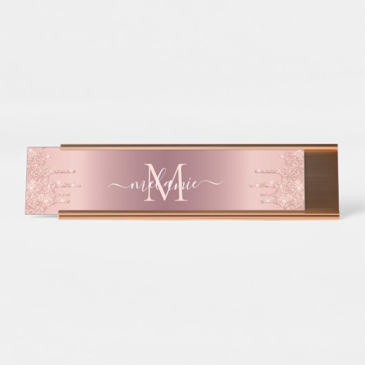 モノグラムネーム文字バラ金ゴールド赤面グリッタースパークル デスクネームプレート (正面)