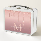 モノグラムネーム文字バラ金ゴールド赤面グリッタースパークル メタルランチボックス (正面)