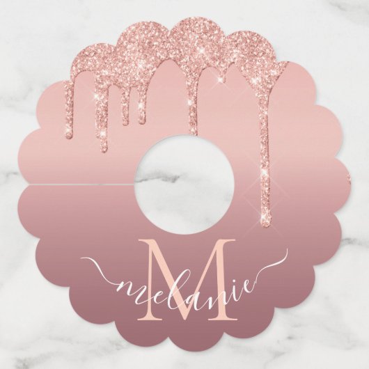 モノグラムネーム文字バラ金ゴールド赤面グリッタースパークル ワイングラスタグ (正面)