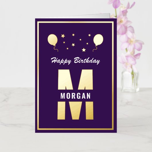 モノグラムハッピーバースデーエイジパープルホワイト金ゴールド 箔グリーティングカード (蘭)