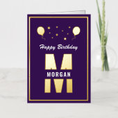モノグラムハッピーバースデーエイジパープルホワイト金ゴールド 箔グリーティングカード (正面)