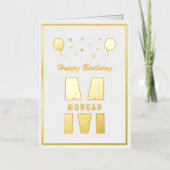 モノグラムハッピーバースデー任意の年齢ホワイトと金ゴールド 箔グリーティングカード (正面)