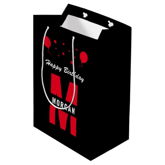モノグラムハッピーバースデー任意の年齢白黒赤 ミディアムペーパーバッグ (裏面アングル)