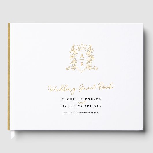 モノグラムハートの紋章手描き白結婚の ゲストブック (正面)