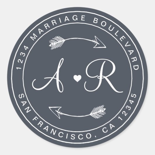 モノグラムハートアロー結婚ブルー差出人住所 ラウンドシール (正面)