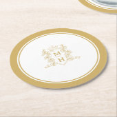 モノグラムハートクラウン結婚冠金ゴールド ラウンドペーパーコースター (アングル)