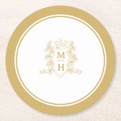 モノグラムハートクラウン結婚冠金ゴールド ラウンドペーパーコースター (正面)