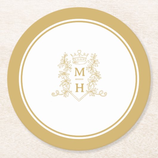モノグラムハートクラウン結婚冠金ゴールド ラウンドペーパーコースター (正面)