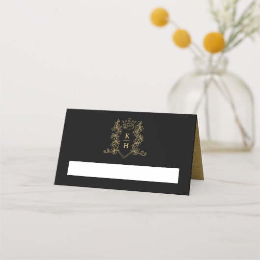 モノグラムハート紋手描き黒結婚の プレイスカード (正面)