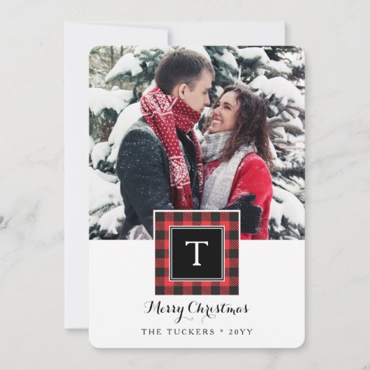 モノグラムバッファロープレイドレッドブラックメリークリスマス シーズンカード (正面)