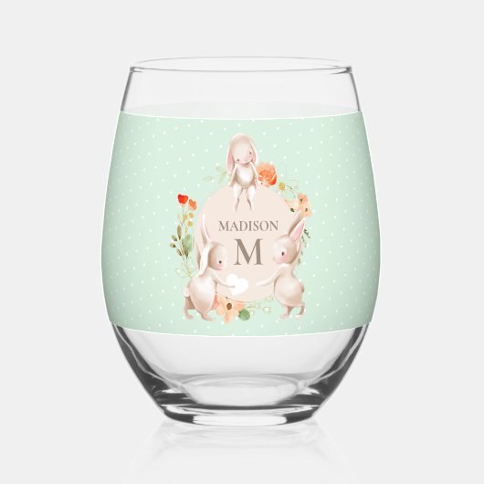 モノグラムバニーウサギフローライースターパーソナライズされた ステムなしワイングラス (正面)