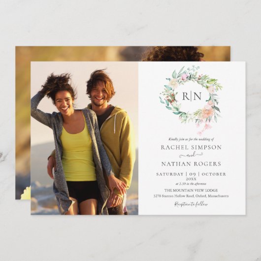 モノグラムバラグリーンフローラ2結婚写真 招待状 (正面/裏面)