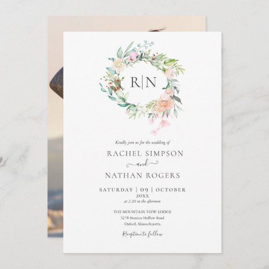 モノグラムバラズグリーンリーフローラ結婚写真ズ 招待状 (正面/裏面)