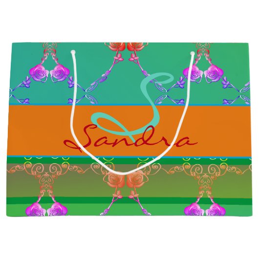 モノグラムバラハートアプリコットティール（緑がかった色）アンドモス ラージペーパーバッグ (正面)