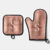 モノグラムバラフェイク金ゴールド-グリッターガーリーグラム 鍋つかみ&鍋敷きセット (正面)