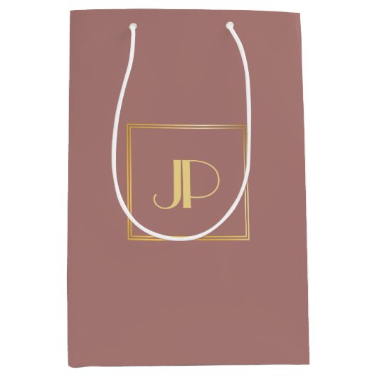 モノグラムバラモダン金ゴールドエレガントテンプレート ミディアムペーパーバッグ (正面)