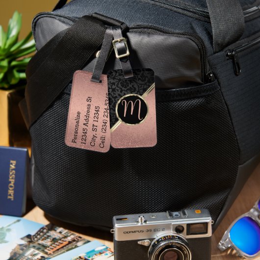 モノグラムバラ金ゴールドグリッターおよびブラックダマスク ラゲッジタグ (正面&裏面)