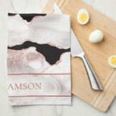モノグラムバラ金ゴールドグリッターアガート白黒スワール キッチンタオル (四つ折り)