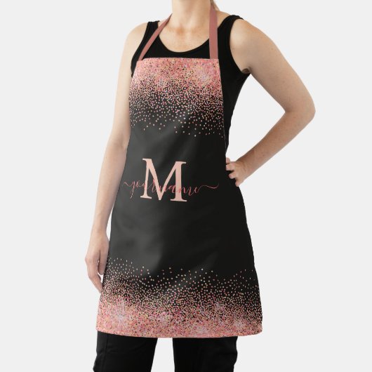 モノグラムバラ金ゴールドグリッタースパークルズとブラックネーム エプロン (インサイチュ)