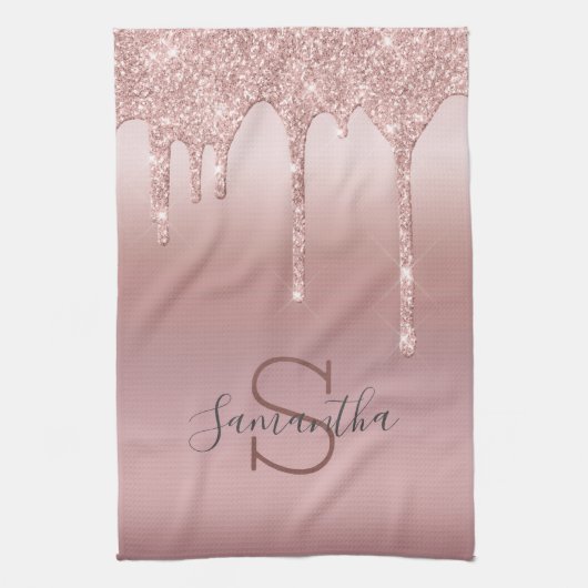 モノグラムバラ金ゴールドグリッタードリップ赤面ピンクトレンディー キッチンタオル (縦)
