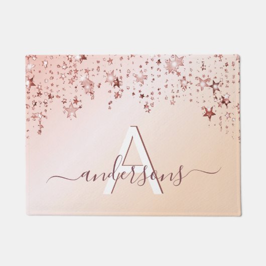 モノグラムバラ金ゴールドピンクモダン星エレガント ドアマット (正面)